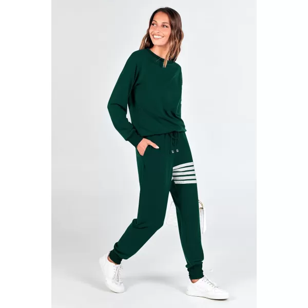 imagePRETTYGARDEN Womens Two Piece Striped Outfits Casual Long Sleeve Top and Sweatpants Matching Tracksuit Jogger SetDark Green