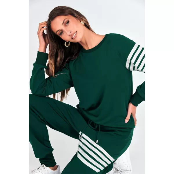 imagePRETTYGARDEN Womens Two Piece Striped Outfits Casual Long Sleeve Top and Sweatpants Matching Tracksuit Jogger SetDark Green