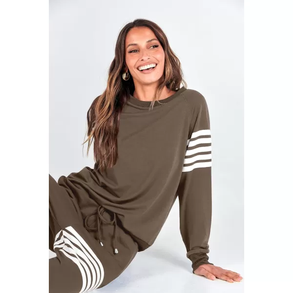 imagePRETTYGARDEN Womens Two Piece Striped Outfits Casual Long Sleeve Top and Sweatpants Matching Tracksuit Jogger SetKhaki
