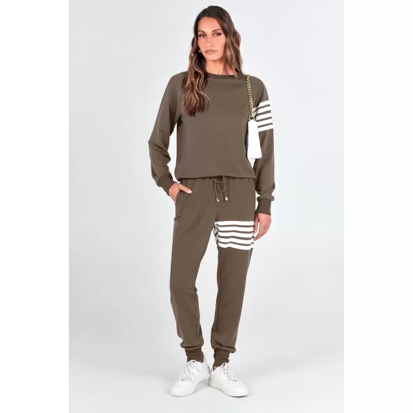 imagePRETTYGARDEN Womens Two Piece Striped Outfits Casual Long Sleeve Top and Sweatpants Matching Tracksuit Jogger SetKhaki