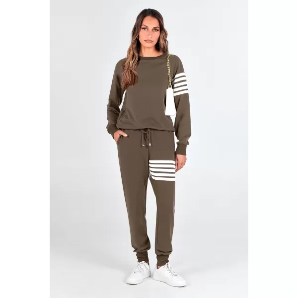 imagePRETTYGARDEN Womens Two Piece Striped Outfits Casual Long Sleeve Top and Sweatpants Matching Tracksuit Jogger SetKhaki