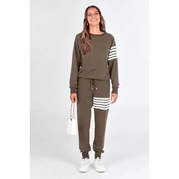 imagePRETTYGARDEN Womens Two Piece Striped Outfits Casual Long Sleeve Top and Sweatpants Matching Tracksuit Jogger SetKhaki