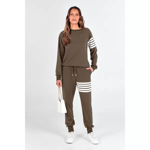 imagePRETTYGARDEN Womens Two Piece Striped Outfits Casual Long Sleeve Top and Sweatpants Matching Tracksuit Jogger SetKhaki