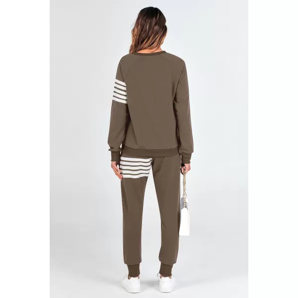 imagePRETTYGARDEN Womens Two Piece Striped Outfits Casual Long Sleeve Top and Sweatpants Matching Tracksuit Jogger SetKhaki