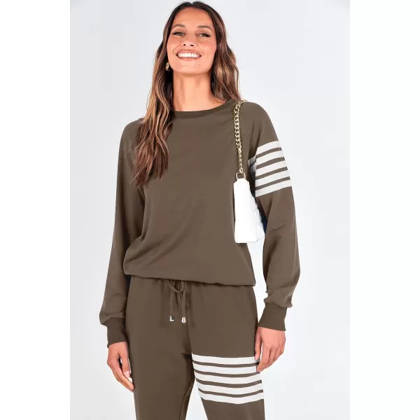 imagePRETTYGARDEN Womens Two Piece Striped Outfits Casual Long Sleeve Top and Sweatpants Matching Tracksuit Jogger SetKhaki