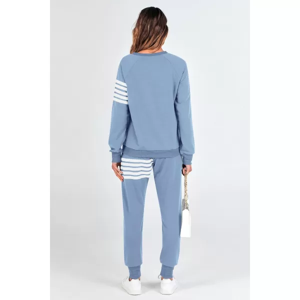 imagePRETTYGARDEN Womens Two Piece Striped Outfits Casual Long Sleeve Top and Sweatpants Matching Tracksuit Jogger SetLight Blue
