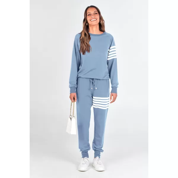 imagePRETTYGARDEN Womens Two Piece Striped Outfits Casual Long Sleeve Top and Sweatpants Matching Tracksuit Jogger SetLight Blue