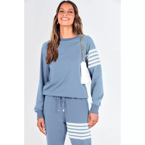 imagePRETTYGARDEN Womens Two Piece Striped Outfits Casual Long Sleeve Top and Sweatpants Matching Tracksuit Jogger SetLight Blue