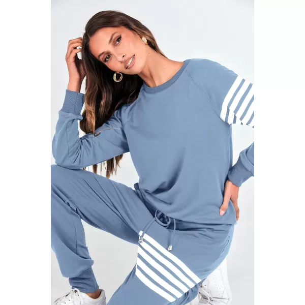 imagePRETTYGARDEN Womens Two Piece Striped Outfits Casual Long Sleeve Top and Sweatpants Matching Tracksuit Jogger SetLight Blue