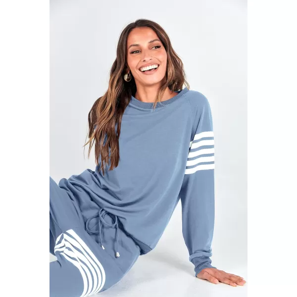 imagePRETTYGARDEN Womens Two Piece Striped Outfits Casual Long Sleeve Top and Sweatpants Matching Tracksuit Jogger SetLight Blue