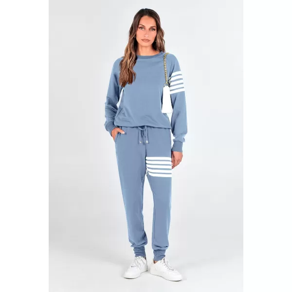 imagePRETTYGARDEN Womens Two Piece Striped Outfits Casual Long Sleeve Top and Sweatpants Matching Tracksuit Jogger SetLight Blue