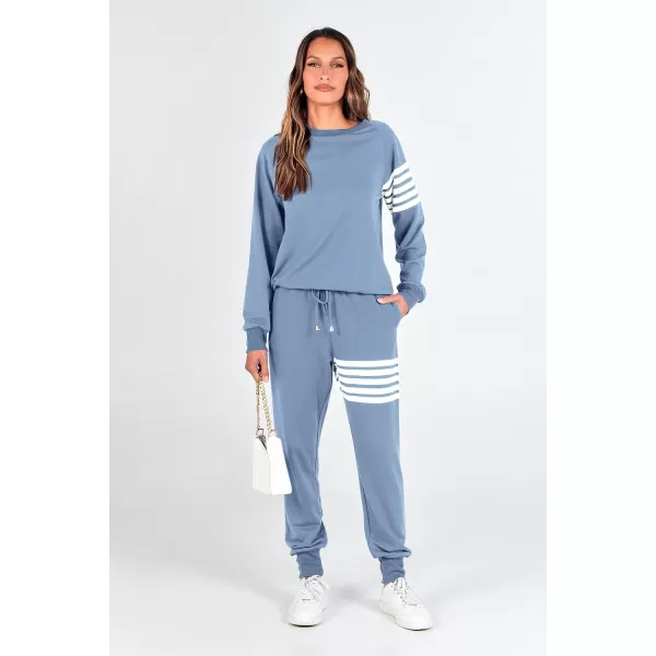 imagePRETTYGARDEN Womens Two Piece Striped Outfits Casual Long Sleeve Top and Sweatpants Matching Tracksuit Jogger SetLight Blue