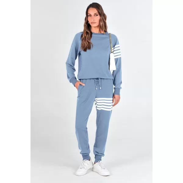 imagePRETTYGARDEN Womens Two Piece Striped Outfits Casual Long Sleeve Top and Sweatpants Matching Tracksuit Jogger SetLight Blue