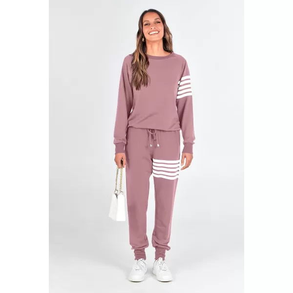 imagePRETTYGARDEN Womens Two Piece Striped Outfits Casual Long Sleeve Top and Sweatpants Matching Tracksuit Jogger SetPink
