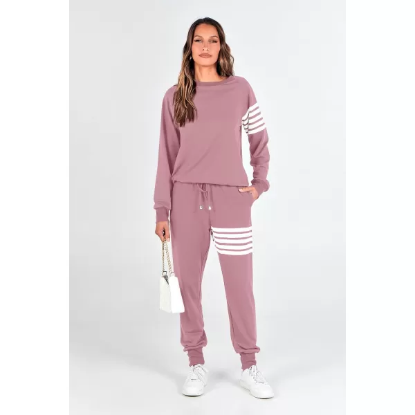 imagePRETTYGARDEN Womens Two Piece Striped Outfits Casual Long Sleeve Top and Sweatpants Matching Tracksuit Jogger SetPink