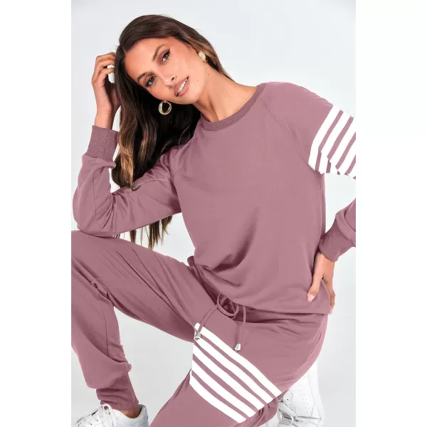imagePRETTYGARDEN Womens Two Piece Striped Outfits Casual Long Sleeve Top and Sweatpants Matching Tracksuit Jogger SetPink