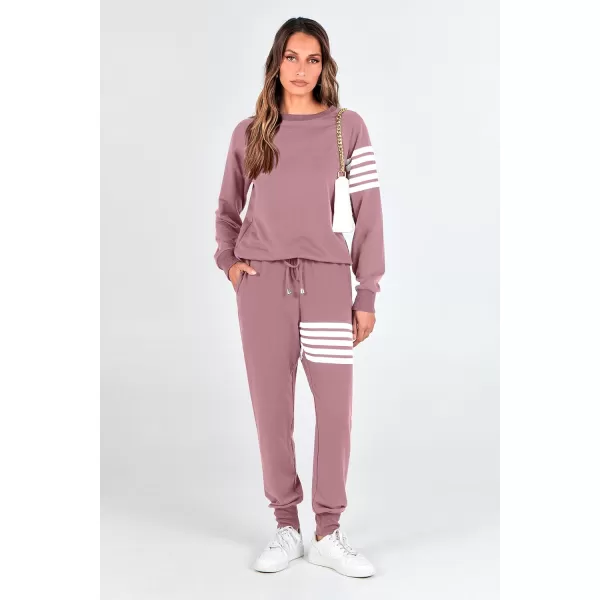 imagePRETTYGARDEN Womens Two Piece Striped Outfits Casual Long Sleeve Top and Sweatpants Matching Tracksuit Jogger SetPink