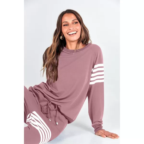 imagePRETTYGARDEN Womens Two Piece Striped Outfits Casual Long Sleeve Top and Sweatpants Matching Tracksuit Jogger SetPink