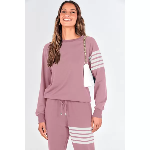 imagePRETTYGARDEN Womens Two Piece Striped Outfits Casual Long Sleeve Top and Sweatpants Matching Tracksuit Jogger SetPink
