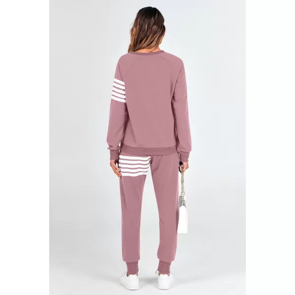 imagePRETTYGARDEN Womens Two Piece Striped Outfits Casual Long Sleeve Top and Sweatpants Matching Tracksuit Jogger SetPink