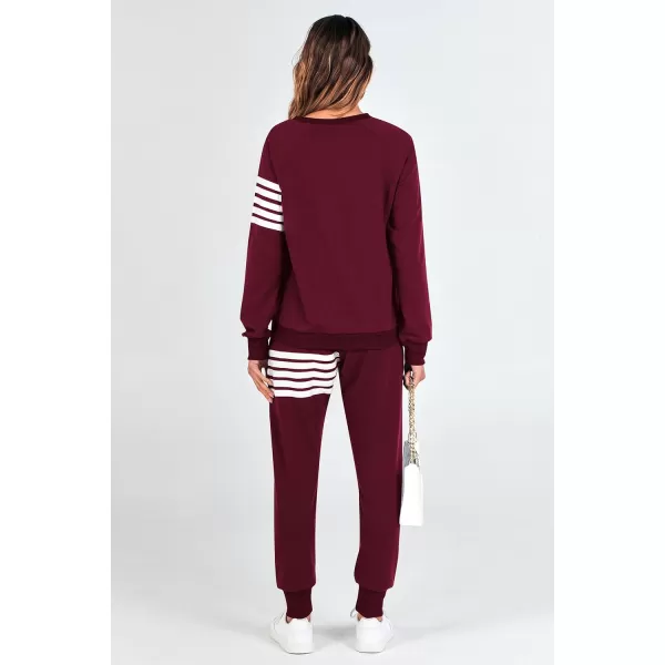imagePRETTYGARDEN Womens Two Piece Striped Outfits Casual Long Sleeve Top and Sweatpants Matching Tracksuit Jogger SetWine Red