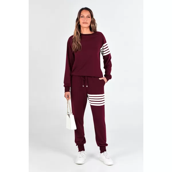 imagePRETTYGARDEN Womens Two Piece Striped Outfits Casual Long Sleeve Top and Sweatpants Matching Tracksuit Jogger SetWine Red