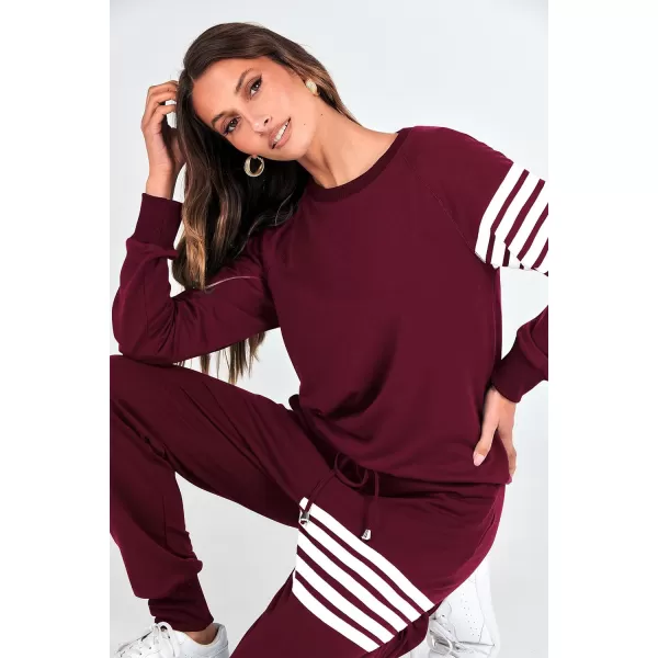 imagePRETTYGARDEN Womens Two Piece Striped Outfits Casual Long Sleeve Top and Sweatpants Matching Tracksuit Jogger SetWine Red