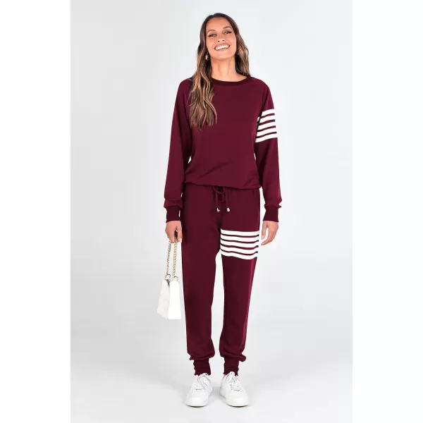 imagePRETTYGARDEN Womens Two Piece Striped Outfits Casual Long Sleeve Top and Sweatpants Matching Tracksuit Jogger SetWine Red