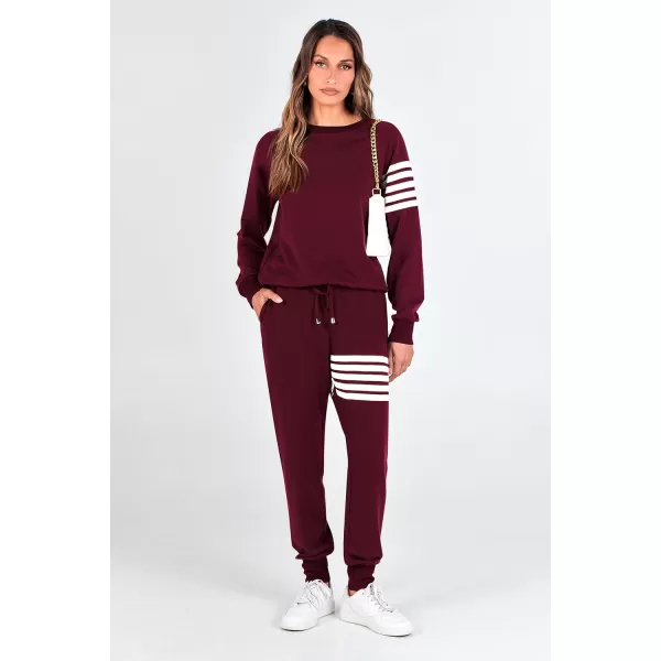 imagePRETTYGARDEN Womens Two Piece Striped Outfits Casual Long Sleeve Top and Sweatpants Matching Tracksuit Jogger SetWine Red
