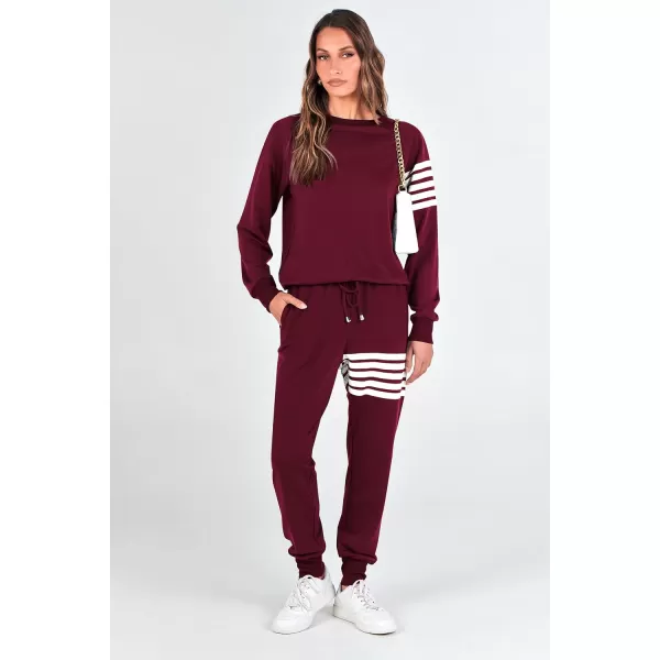 imagePRETTYGARDEN Womens Two Piece Striped Outfits Casual Long Sleeve Top and Sweatpants Matching Tracksuit Jogger SetWine Red