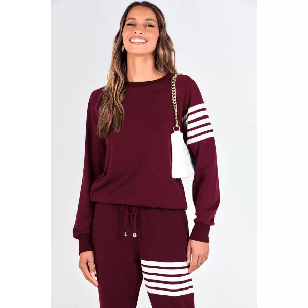 imagePRETTYGARDEN Womens Two Piece Striped Outfits Casual Long Sleeve Top and Sweatpants Matching Tracksuit Jogger SetWine Red