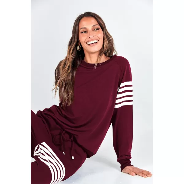 imagePRETTYGARDEN Womens Two Piece Striped Outfits Casual Long Sleeve Top and Sweatpants Matching Tracksuit Jogger SetWine Red