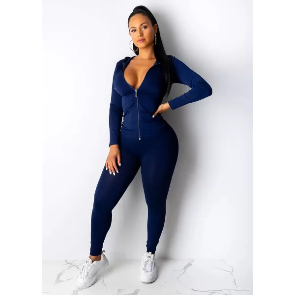 imagePRETTYGARDEN Womens Two Piece Tracksuit Set Long Sleeve Zipper Hoodie Jacket with Sweatpants Sweatsuit Jogger Workout SetDark Blue