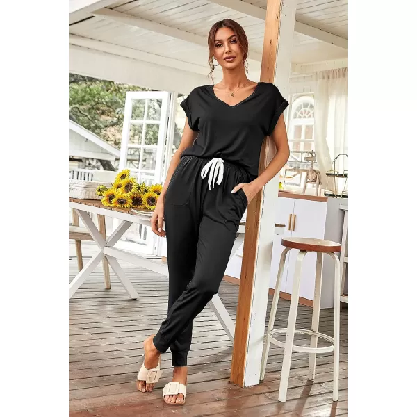 imagePRETTYGARDEN Womens Two Piece Tracksuit V Neck Short Sleeve Tops Long Pants With Drawstring Outfits Jogger SetsBlack