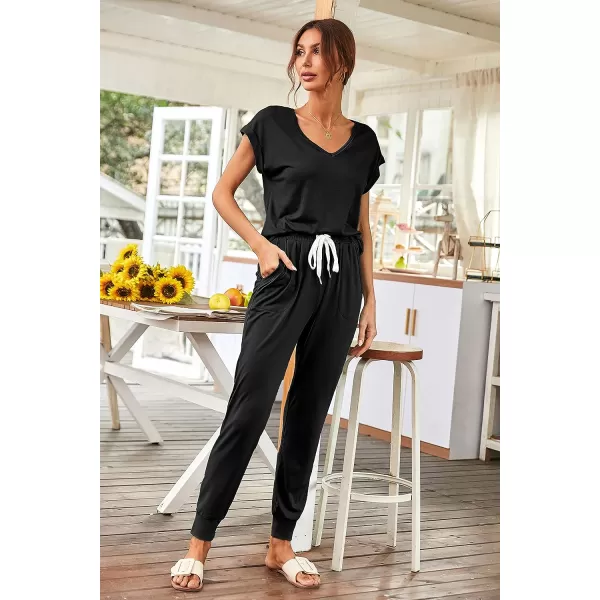 imagePRETTYGARDEN Womens Two Piece Tracksuit V Neck Short Sleeve Tops Long Pants With Drawstring Outfits Jogger SetsBlack