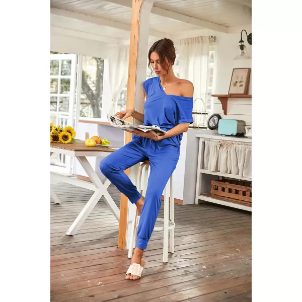 imagePRETTYGARDEN Womens Two Piece Tracksuit V Neck Short Sleeve Tops Long Pants With Drawstring Outfits Jogger SetsBlue
