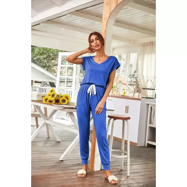 imagePRETTYGARDEN Womens Two Piece Tracksuit V Neck Short Sleeve Tops Long Pants With Drawstring Outfits Jogger SetsBlue