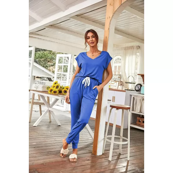 imagePRETTYGARDEN Womens Two Piece Tracksuit V Neck Short Sleeve Tops Long Pants With Drawstring Outfits Jogger SetsBlue