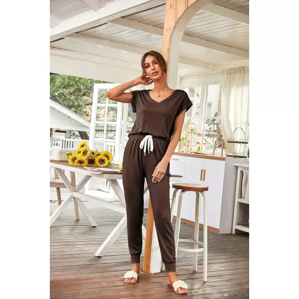 imagePRETTYGARDEN Womens Two Piece Tracksuit V Neck Short Sleeve Tops Long Pants With Drawstring Outfits Jogger SetsBrown