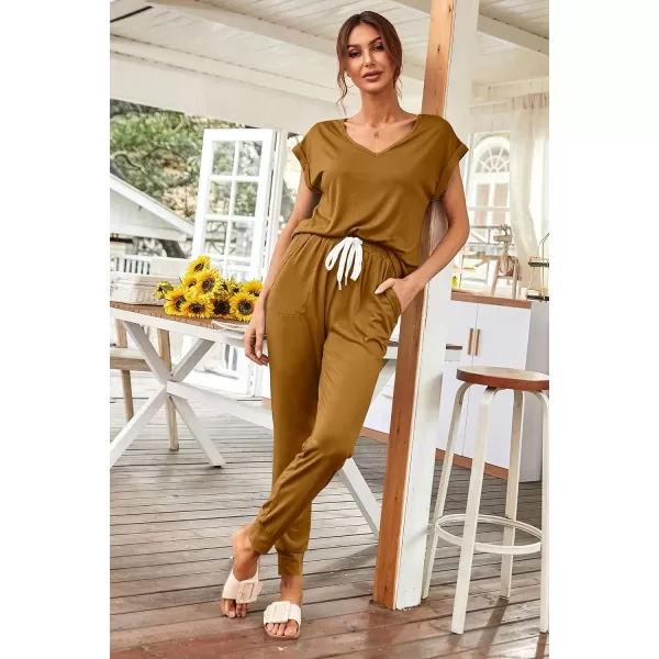 imagePRETTYGARDEN Womens Two Piece Tracksuit V Neck Short Sleeve Tops Long Pants With Drawstring Outfits Jogger SetsBrown Yellow