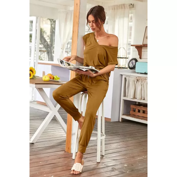 imagePRETTYGARDEN Womens Two Piece Tracksuit V Neck Short Sleeve Tops Long Pants With Drawstring Outfits Jogger SetsBrown Yellow