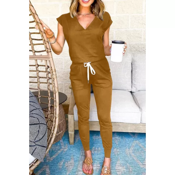 imagePRETTYGARDEN Womens Two Piece Tracksuit V Neck Short Sleeve Tops Long Pants With Drawstring Outfits Jogger SetsBrown Yellow