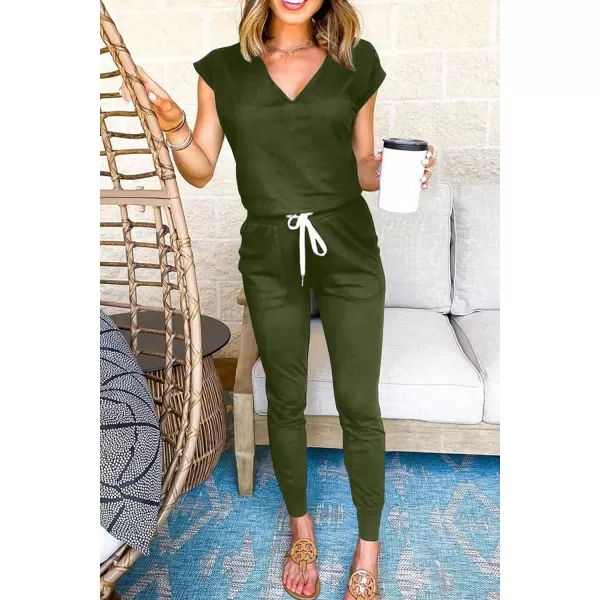 imagePRETTYGARDEN Womens Two Piece Tracksuit V Neck Short Sleeve Tops Long Pants With Drawstring Outfits Jogger SetsDark Army Green