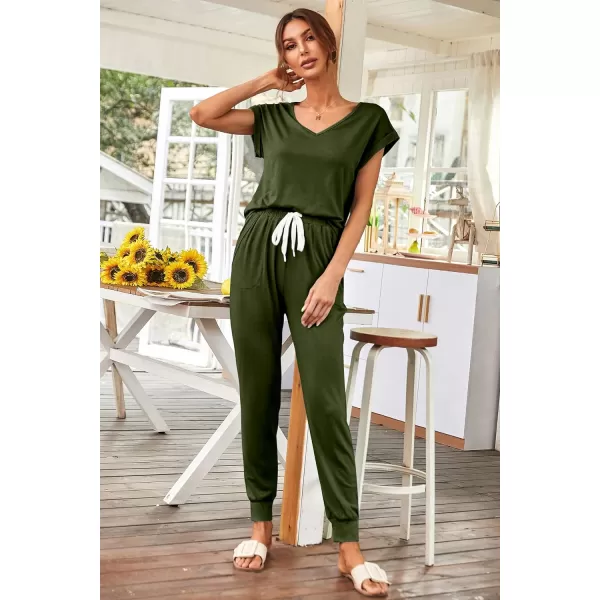 imagePRETTYGARDEN Womens Two Piece Tracksuit V Neck Short Sleeve Tops Long Pants With Drawstring Outfits Jogger SetsDark Army Green