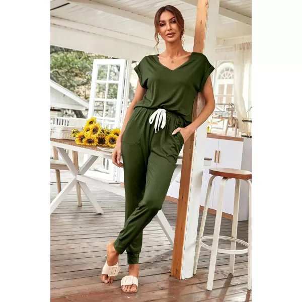 imagePRETTYGARDEN Womens Two Piece Tracksuit V Neck Short Sleeve Tops Long Pants With Drawstring Outfits Jogger SetsDark Army Green
