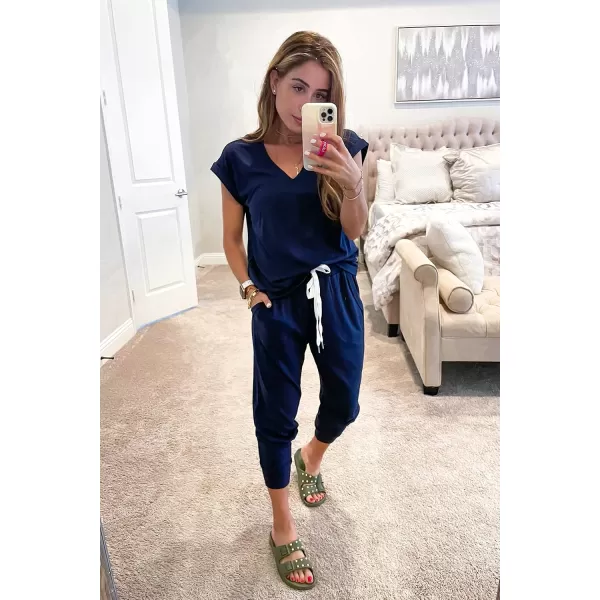 imagePRETTYGARDEN Womens Two Piece Tracksuit V Neck Short Sleeve Tops Long Pants With Drawstring Outfits Jogger SetsDark Blue