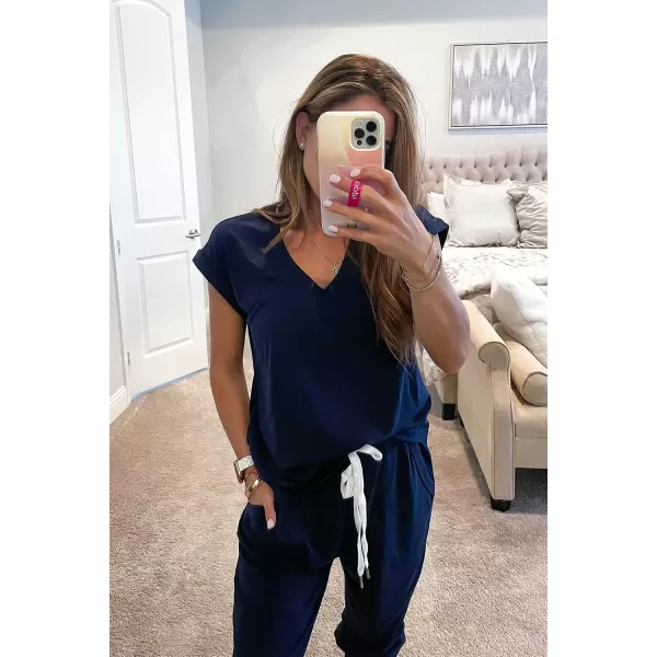 imagePRETTYGARDEN Womens Two Piece Tracksuit V Neck Short Sleeve Tops Long Pants With Drawstring Outfits Jogger SetsDark Blue