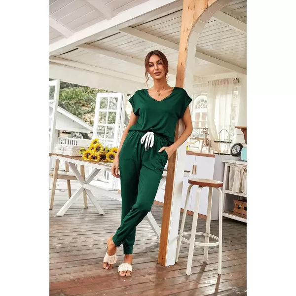 imagePRETTYGARDEN Womens Two Piece Tracksuit V Neck Short Sleeve Tops Long Pants With Drawstring Outfits Jogger SetsDark Green