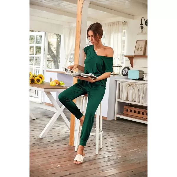 imagePRETTYGARDEN Womens Two Piece Tracksuit V Neck Short Sleeve Tops Long Pants With Drawstring Outfits Jogger SetsDark Green
