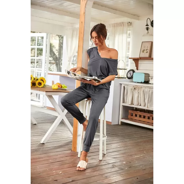 imagePRETTYGARDEN Womens Two Piece Tracksuit V Neck Short Sleeve Tops Long Pants With Drawstring Outfits Jogger SetsDark Grey